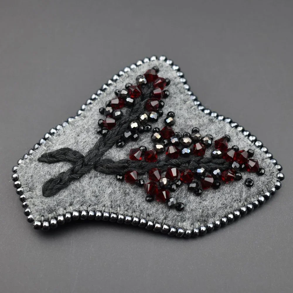Crystal branch brooch for women, seed bead embroidered brooch